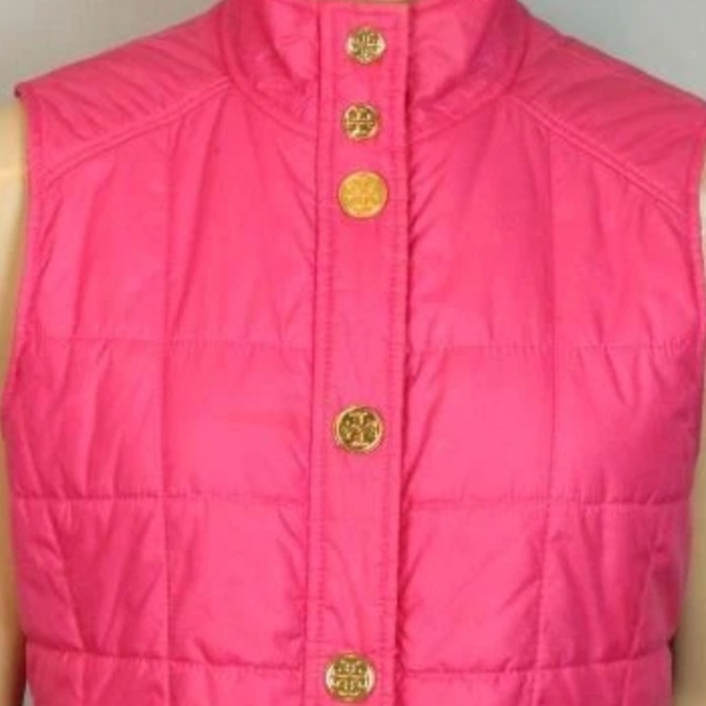 TORY BURCH Pink Quilted
Puffer Sleeveless Jacket Vest 
Gold LOGO Snap Buttons XL - Picture 3 of 8